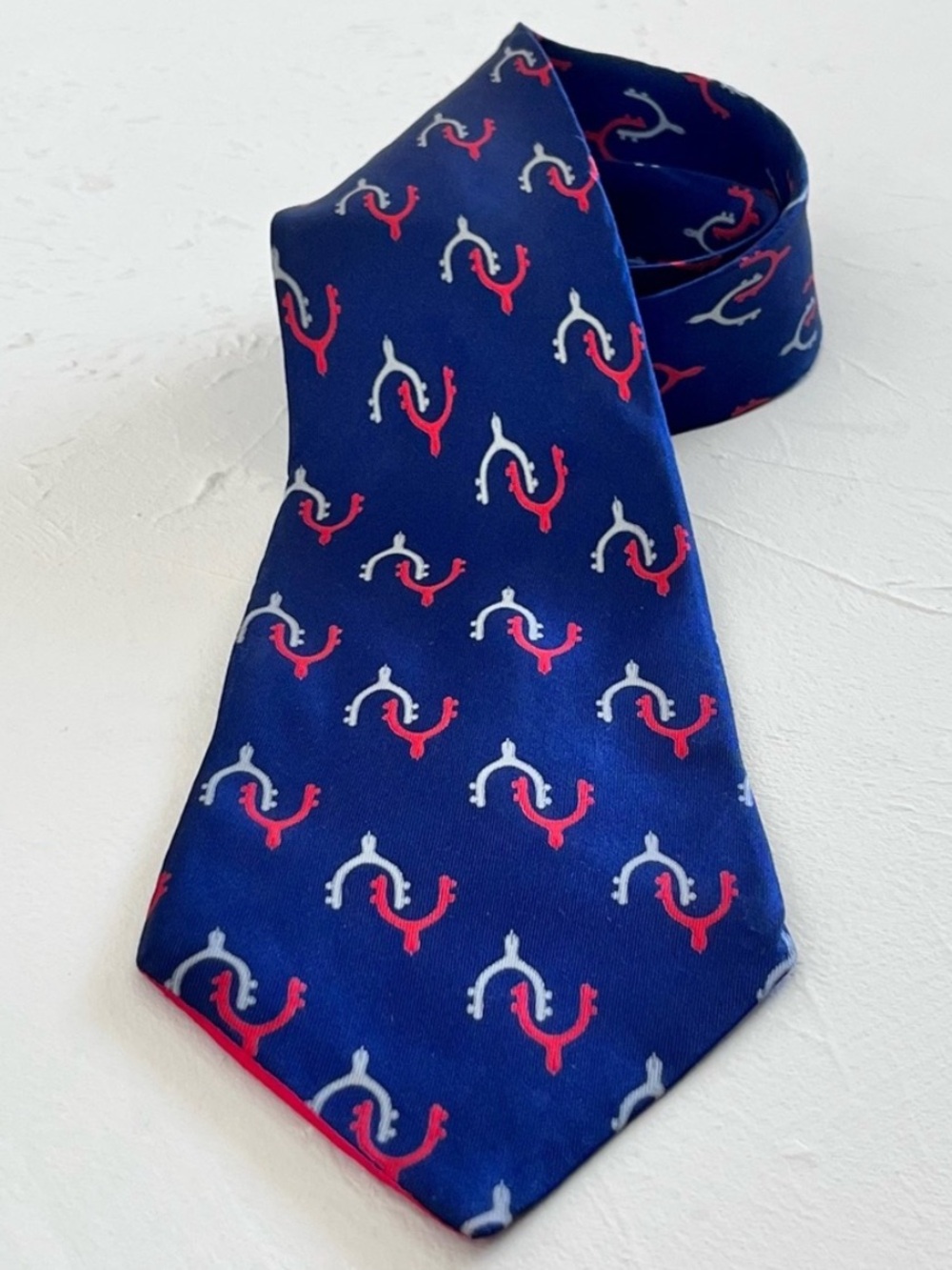 Vintage Gucci Navy Blue Silk Tie with Red and Light Gray Motif